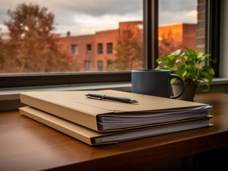 Manila folders, a pen and a navy mug by a window onto autumn trees and brick buildings