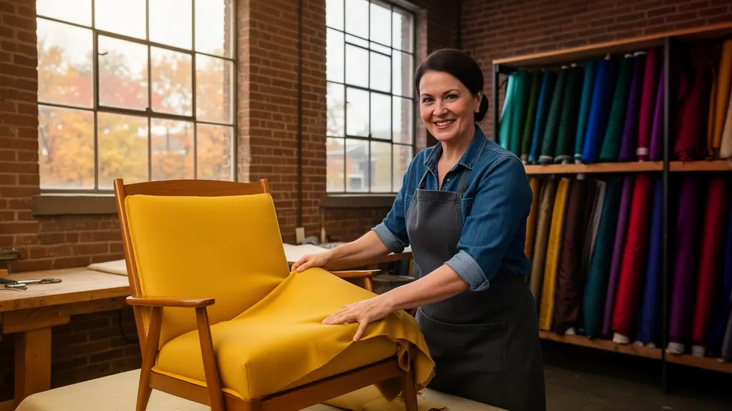 Upholsterer fitting mustard fabric on a mid-century armchair, bolts of jewel-toned fabric behind