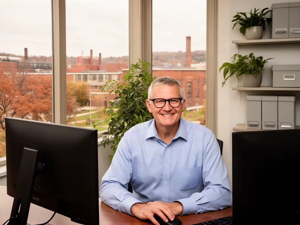Accountant smiling at his desk between two monitors, brick mills and autumn trees outside