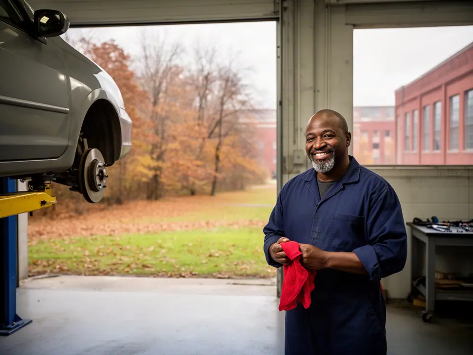 Smiling mechanic wiping his hands beside a car on a lift, autumn trees outside