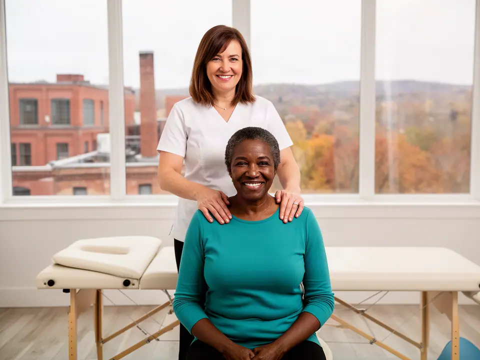 Chiropractor checking a seated woman's shoulders in a bright clinic overlooking brick mills