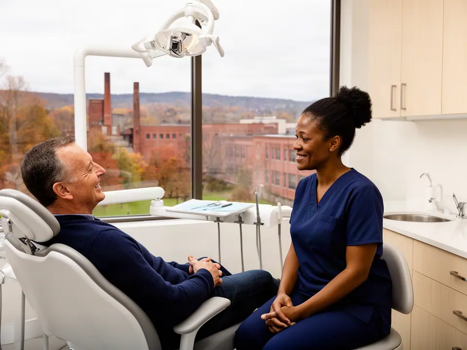 Dentist chatting with a patient in the dental chair, autumn hills and brick mills outside