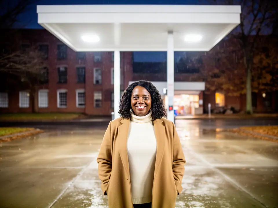Fuel station owner in a camel coat smiling under the lit canopy on a rainy November night
