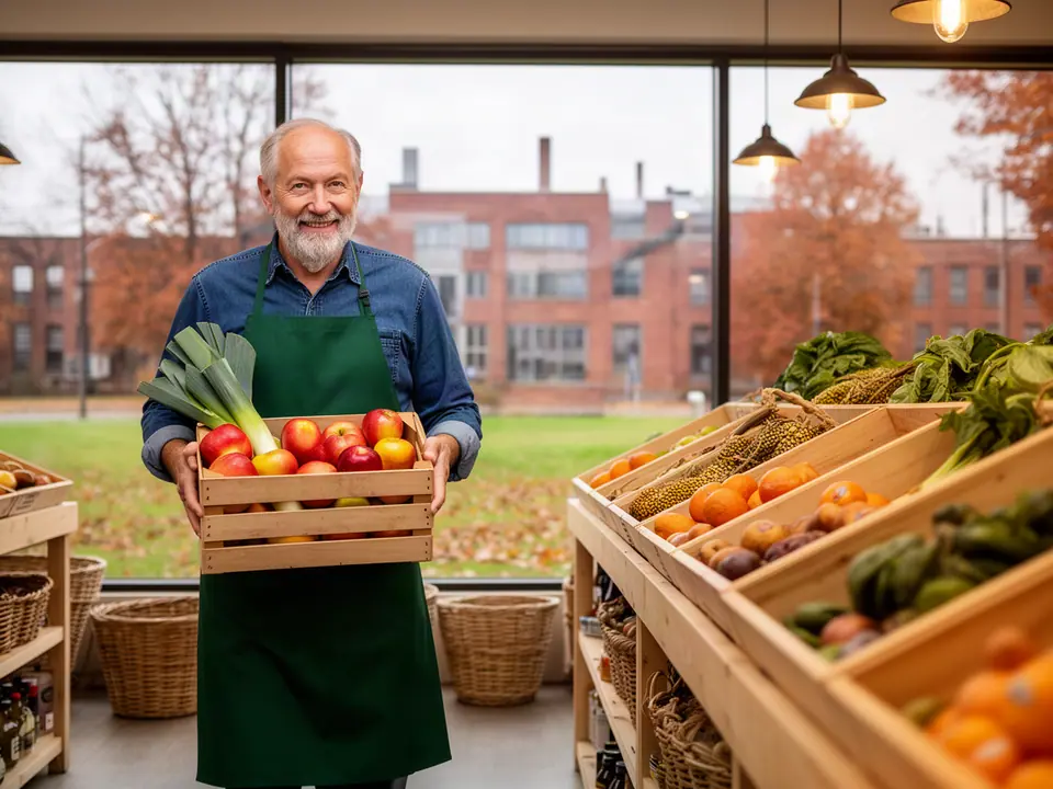 Grocer carrying a crate of apples and leeks past wooden produce bins, brick mills outside