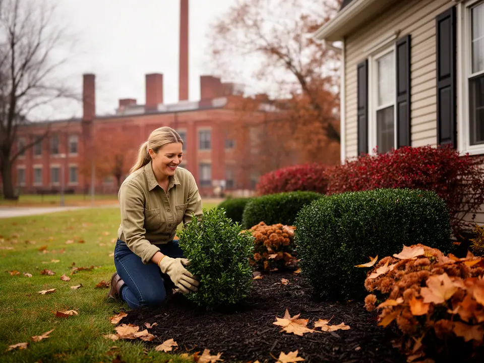 Landscaper planting a boxwood in an autumn garden beside a clapboard house