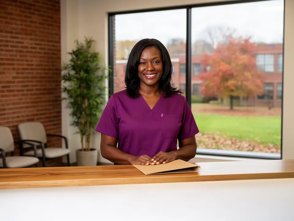 Clinic office manager in plum scrubs at the reception counter, autumn trees outside