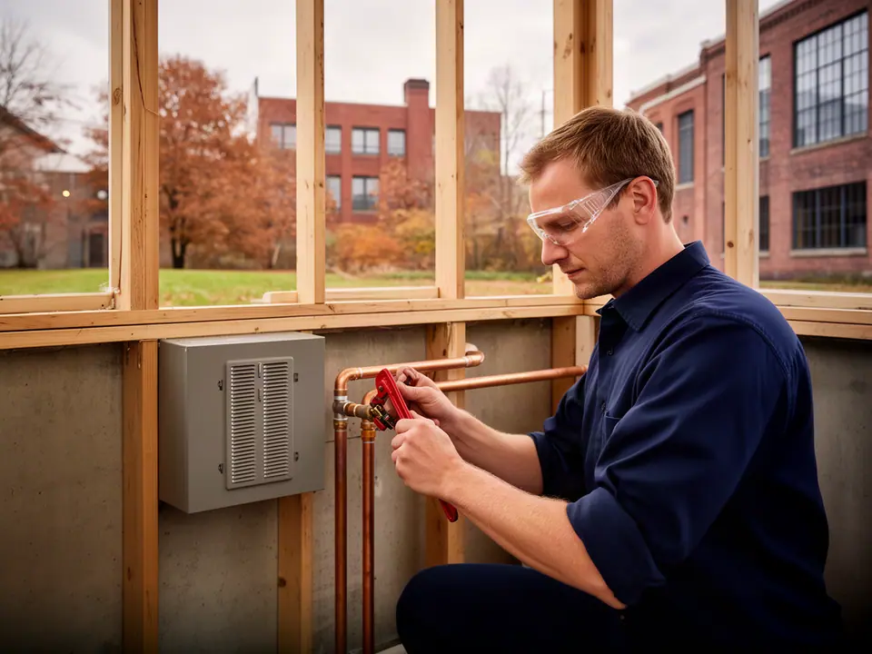 Plumber in safety glasses fitting copper pipe in a framed wall, brick mill buildings outside
