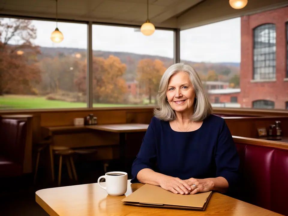 Diner owner seated in a red booth with a folder and coffee, autumn hills outside